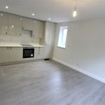 Modern kitchen with grey cabinets and laminate flooring.