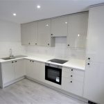 Modern white kitchen with built-in appliances