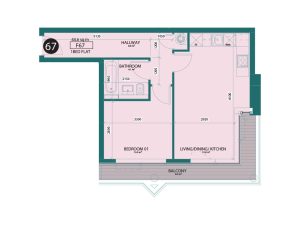 One-bedroom flat floor plan with balcony.