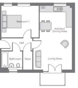 One-bedroom flat floor plan with kitchen and bathroom.