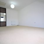 Spacious empty room with wardrobe and skylights.