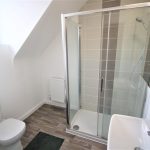 Modern bathroom with shower and toilet.