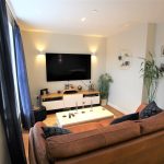 Modern living room with TV and sofa.