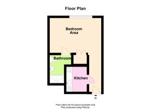 Studio apartment floor plan with kitchen, bathroom.