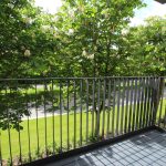 Sunny balcony overlooking lush green trees and road.