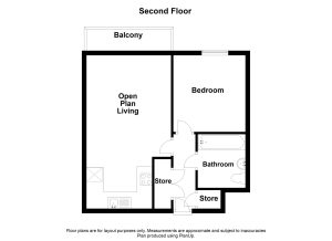 Second floor plan with balcony, bedroom, and bathroom.