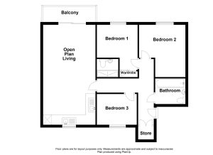 Floor plan with three bedrooms, balcony, bathroom.