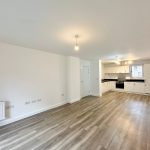 Modern open-plan kitchen and living area with wood flooring.