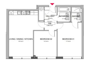 Two-bedroom flat floor plan with dimensions.