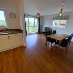 Modern living area with kitchenette and dining table.