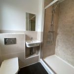 Modern bathroom with shower and sink.