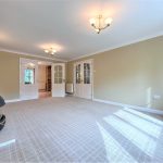 Spacious living room with fireplace and glass doors.