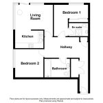 Two-bedroom flat floor plan with kitchen and bathrooms.