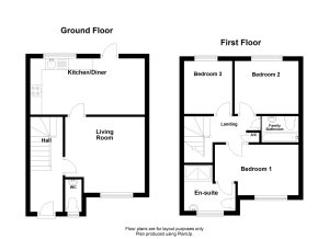 Two-storey house floor plan with three bedrooms.