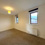 Empty room with beige carpet and two windows.