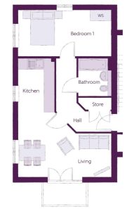 One-bedroom flat floor plan layout.