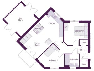 Two-bedroom flat floor plan with kitchen and bathroom.