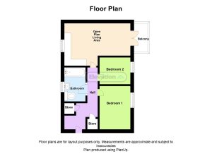 Two-bedroom flat floor plan with balcony.