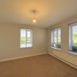 Empty room with three windows and carpet flooring.