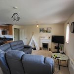 Modern living room with kitchen and grey sofa.