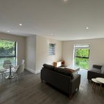 Modern living room with sofas and dining table.