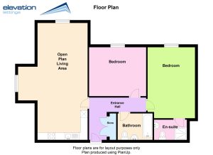 Two-bedroom flat floor plan with open living area.