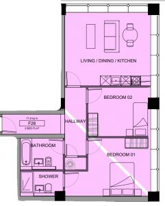 Floor plan of two-bedroom flat with amenities.
