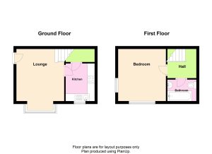 Two-storey house floor plan: lounge, kitchen, bedroom, bathroom.