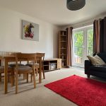 Modern living room with dining area and red rug.