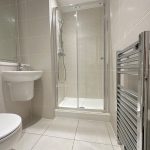 Modern bathroom with shower and heated towel rail.