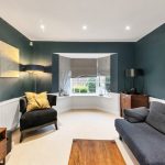Modern living room with dark green walls and furniture