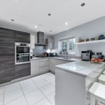 Modern kitchen with white and grey cabinets.