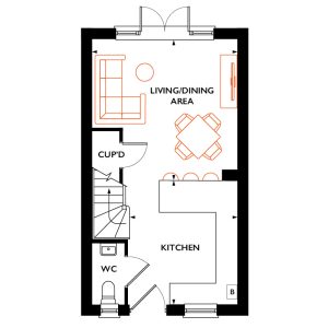 Ground floor plan with kitchen, living, dining areas.