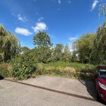 Car park with trees and blue sky.