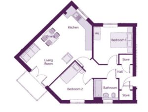 Two-bedroom flat floor plan with labelled rooms.