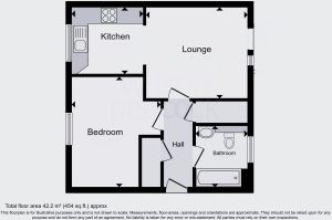 One-bedroom flat floor plan with kitchen, lounge, bathroom.