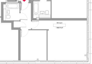 One-bedroom flat floor plan with bathrooms.