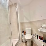 Modern bathroom with shower, toilet, and sink.