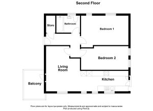 Second floor layout with rooms and balcony.