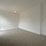 Empty room with carpet and single light fixture.