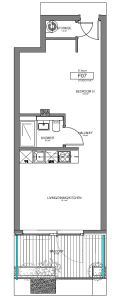 Floor plan of a studio flat with balcony.