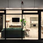 Modern open-plan living room and kitchen view.