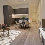 Modern open-plan kitchen and living room design.