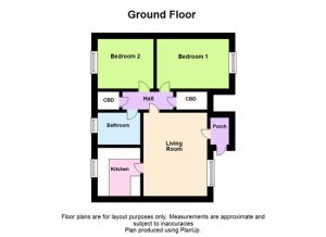 Ground floor plan with bedrooms, kitchen, living room.