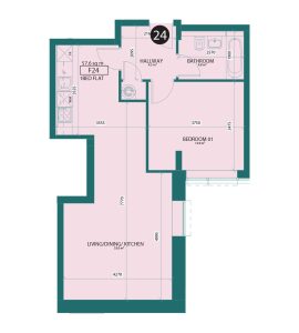 One-bedroom flat floor plan with dimensions.