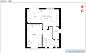 First floor house plan with kitchen, lounge, utility.