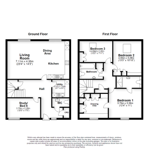 Two-storey house floor plan with four bedrooms.