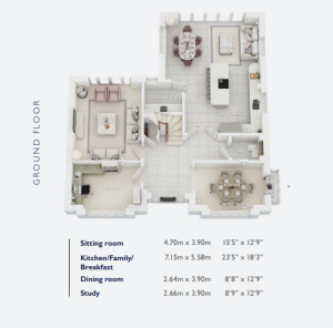Ground floor house plan with room dimensions.