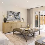 Modern living room with TV, sofa, open doors.