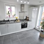 Modern kitchen with grey cabinets and plants.